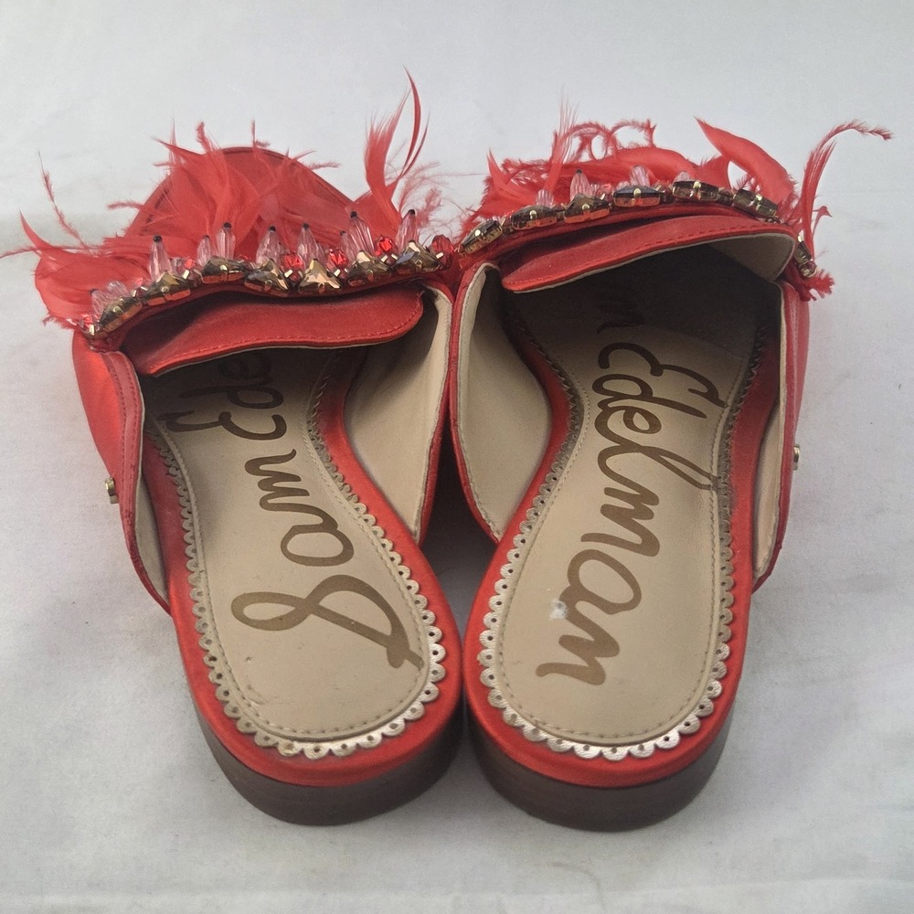 Sam Edelman Mules Womens Size 7.5 M Red Satin Feather Embellished Slip On Shoes - Picture 3 of 8